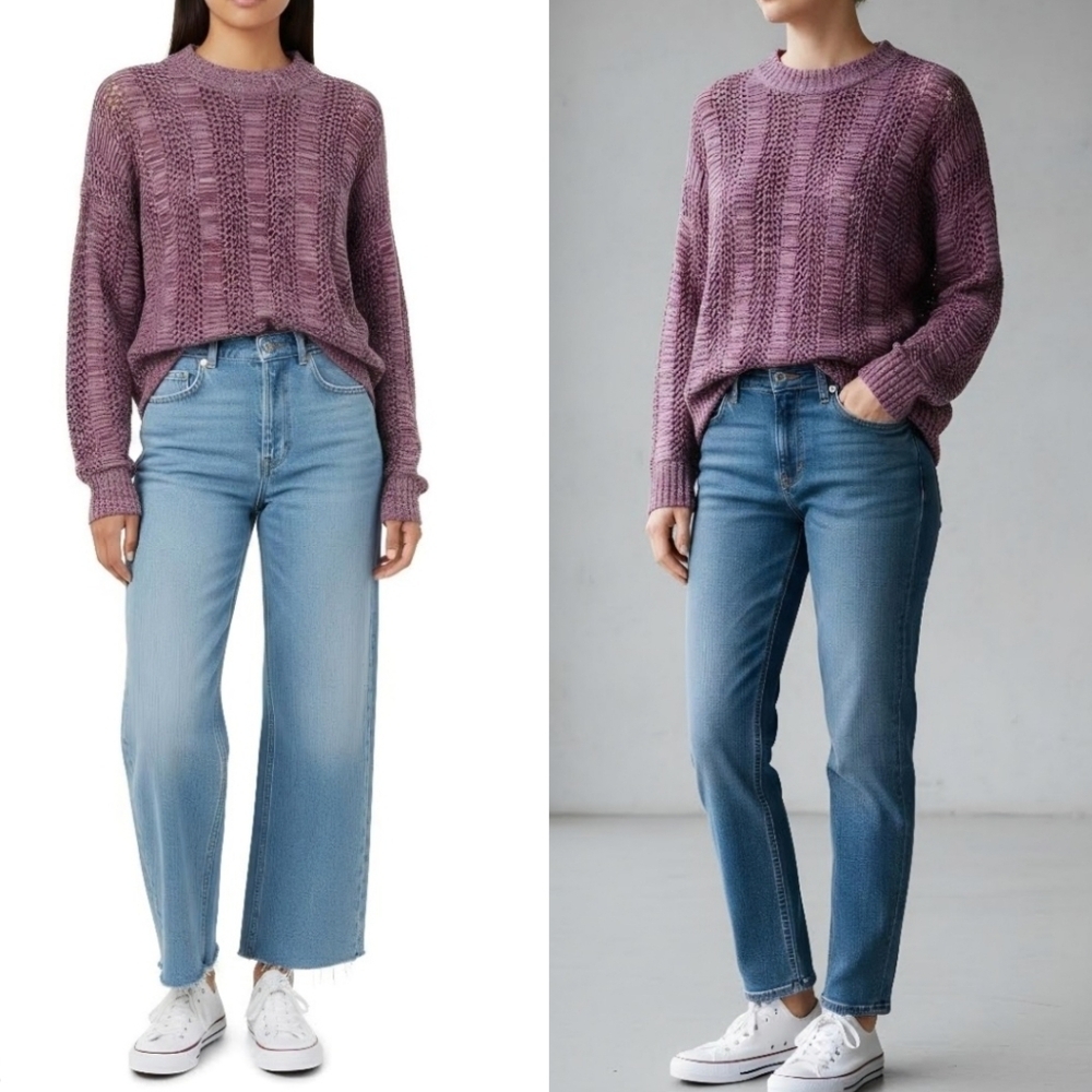 New! Crewneck Knit Ribbed Crochet Purple Mauve Pullover Pullover Sweater
